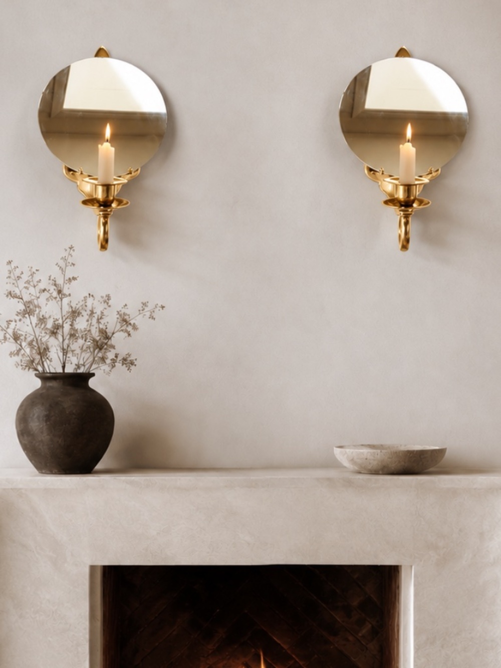 Vintage Brass 2 Wall Sconces w/ Oval Mirrors 11" Candle Holders Farmhouse India